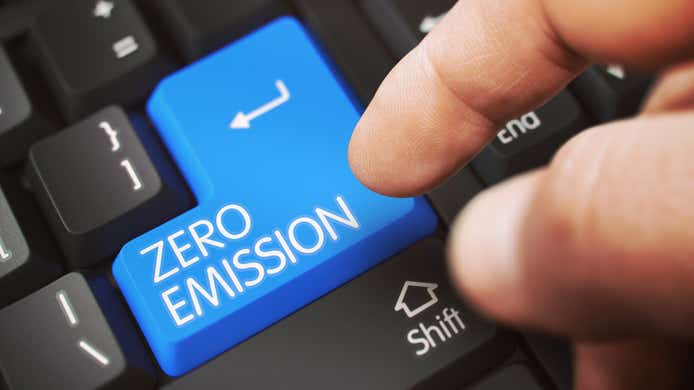 Keyboard with 'zero emission' written on the enter key in blue
